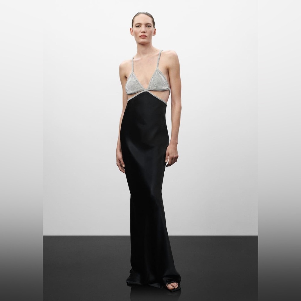 Mango x Jen Ceballos Black Satin Dress With Rhinestone Bralet Bodice size XS / 2 - Picture 6 of 16